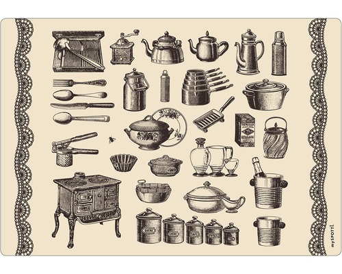 Panou bucătărie mySpotti pop Antik Geschirr aluminiu compozit 59x41 cm Motiv de ustensile de bucătărie pe suportul de masă