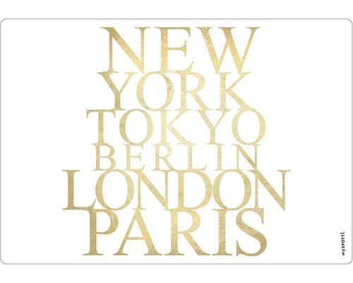 Set de masă myspotti cu denumirile orașelor New York, Tokyo, Berlin, Londra și Paris