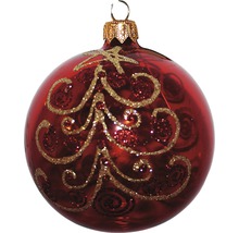 Glob de pom de Crăciun roșu cu motiv de brad auriu