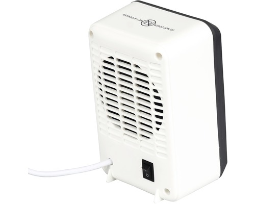 Vedere din spate a unui radiator cu ventilator de interior cu comutator pornit/oprit și simbol de avertizare pentru suprafețe fierbinți