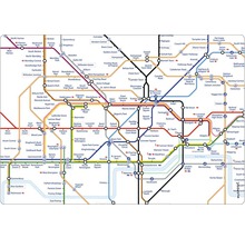 Hartă a metroului londonez cu diferite linii și stații.