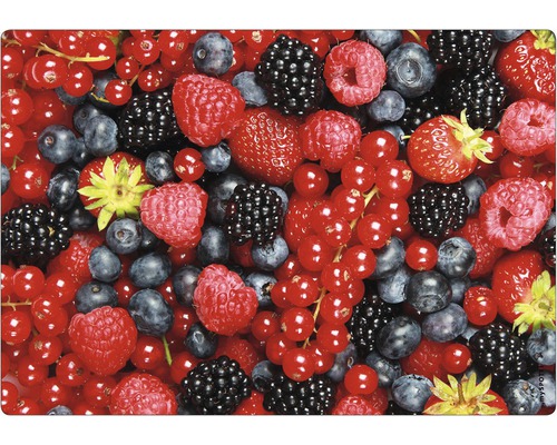 Panou bucătărie mySpotti pop Berrymix aluminiu compozit 59x41 cm Prim-plan cu diverse fructe de pădure, cum ar fi căpșuni, zmeură, afine, mure și coacăze