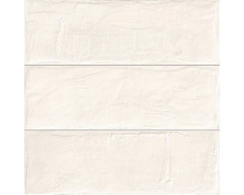 Faianță baie / bucătărie Brick Almond 33,15x33,15 cm Trei plăci de perete albe, de formă dreptunghiulară şi cu suprafaţă neuniformă