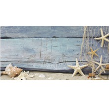 Stele de mare decorative cu scoici și plasă de pescuit în fața unui perete de lemn