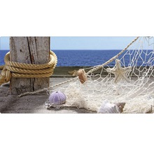 Scenă decorativă cu stâlp de lemn, frânghie, plasă de pescuit, stea de mare și scoici pe fundalul mării