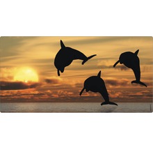 Ilustrație cu trei delfini în fața unui apus de soare deasupra oceanului