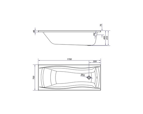 Desen tehnic al unei căzi cu dimensiuni