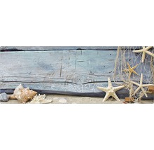 Scenă decorativă cu lemn, nisip, scoici, stele de mare și plasă de pescuit