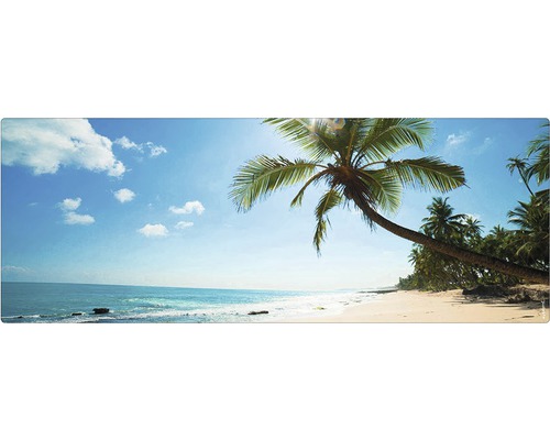 Plajă tropicală cu palmieri sub cer albastru