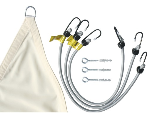 Pânză de umbrire triunghiulară cu cabluri de tensionare și șuruburi cu ochi pentru fixare