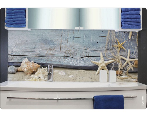 Protecție perete bucătărie cu motiv de plajă în baie