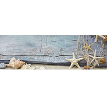 Aranjament decorativ cu scoici, stele de mare și plasă de pescuit pe nisip în fața unui fundal din lemn