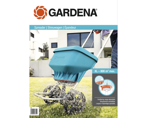Împrăștietor Gardena pentru fertilizarea grădinii cu lățime de împrăștiere reglabilă