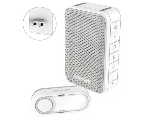 Sonerie fără fir Honeywell DC313SP2 max. 150m 84dB, alimentare la priză 230V Set sonerie fără fir Honeywell Logo cu clopoțel cu priză și buton