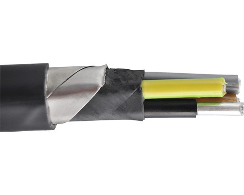 Cablu armat din aluminiu ACYAbY-F (AC2XAbY-F) 4x16 mm² , conductor rotund unifilar Secțiune transversală a unui cablu de alimentare multifilar cu diferite straturi de izolație