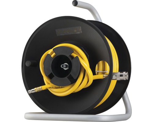 Tambur pentru furtun de aer comprimat cu furtun galben pe tambur negru cu cadru gri