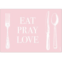 Suport de masă cu motto-ul Mănâncă Roagă-te Iubește, furculiță, cuțit și lingură
