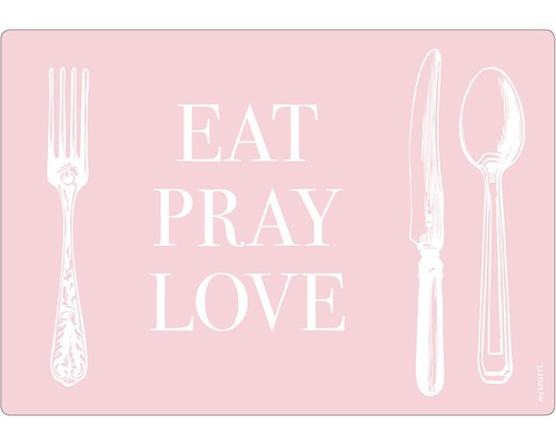 Panou bucătărie mySpotti pop Cover rosé aluminiu compozit 59x41 cm Suport de masă cu motto-ul Mănâncă Roagă-te Iubește, furculiță, cuțit și lingură