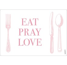 Suport de masă cu cuvintele „Mănâncă, roagă-te, iubește” și imagini cu tacâmuri