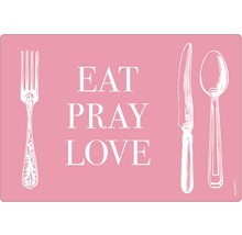 Suport decorativ de masă cu furculiță, cuțit, lingură și inscripția Eat Pray Love