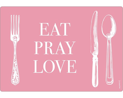 Panou bucătărie mySpotti pop Cover rouge aluminiu compozit 59x41 cm Suport decorativ de masă cu furculiță, cuțit, lingură și inscripția Eat Pray Love