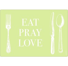 Poster decorativ cu inscripția Eat Pray Love, o furculiță, un cuțit și o lingură