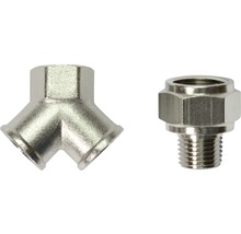 Niplu distribuitor tip Y 2 căi Stanley 2x 1/4" + 1/4", incl. adaptor 1/4"->3/8"