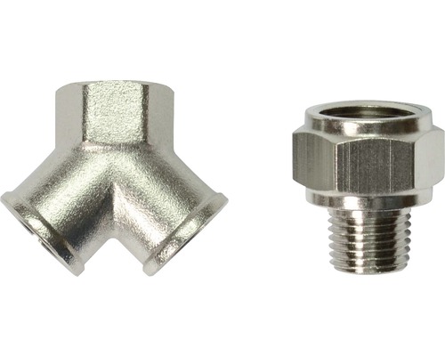 Niplu distribuitor tip Y 2 căi Stanley 2x 1/4" + 1/4", incl. adaptor 1/4"->3/8" Racord Y metalic și niplu filetat pentru instalații sanitare