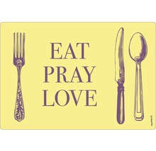 Suport de masă cu furculiță, cuțit, lingură și inscripția Eat Pray Love