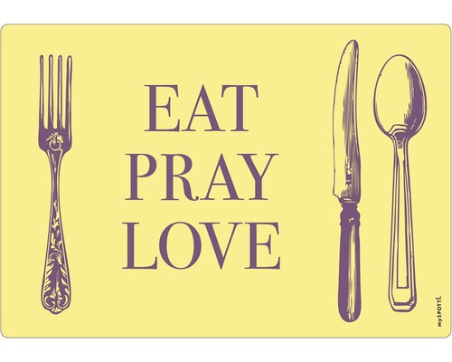 Panou bucătărie mySpotti pop Cover yellow aluminiu compozit 59x41 cm Suport de masă cu furculiță, cuțit, lingură și inscripția Eat Pray Love
