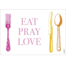 Suport de masă cu furculiță, cuțit, lingură și inscripția Eat Pray Love