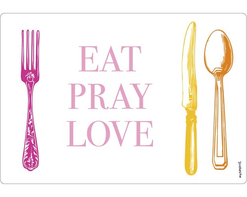 Panou bucătărie mySpotti pop Cover colour aluminiu compozit 59x41 cm Suport de masă cu furculiță, cuțit, lingură și inscripția Eat Pray Love