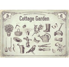 Ilustrație a unei grădini de cabană cu unelte de grădinărit și plante