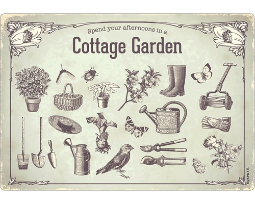 Panou bucătărie mySpotti pop Cottage Garden aluminiu compozit 59x41 cm Ilustrație a unei grădini de cabană cu unelte de grădinărit și plante