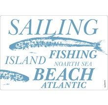 Placă decorativă cu motive de pești și termeni maritimi precum navigație, pescuit și plajă