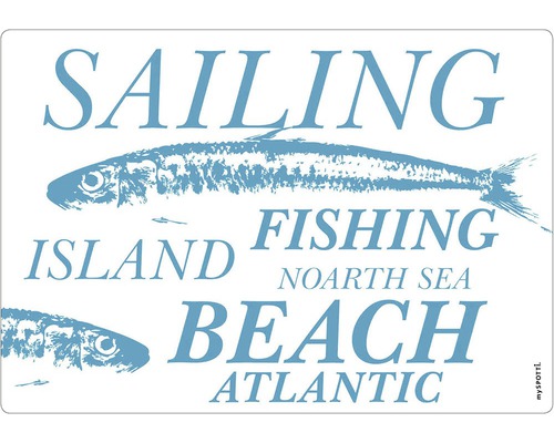 Panou bucătărie mySpotti pop Fishing aluminiu compozit 59x41 cm Placă decorativă cu motive de pești și termeni maritimi precum navigație, pescuit și plajă