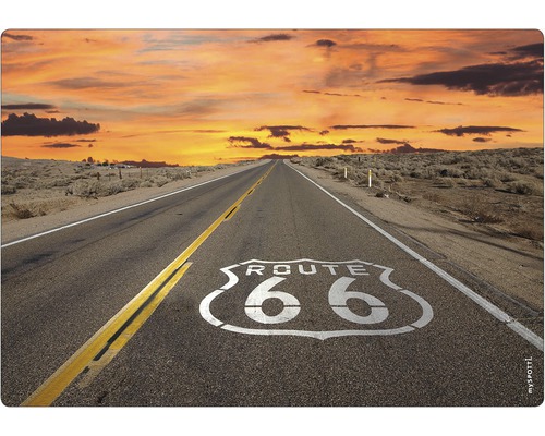 Panou bucătărie mySpotti pop Route aluminiu compozit 59x41 cm Fotografie a unui drum gol cu Route 66 pictat pe el sub un cer înnorat la apus.
