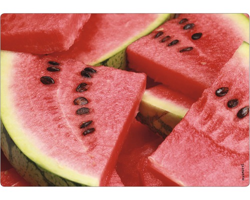 Panou bucătărie mySpotti pop Watermelon aluminiu compozit 59x41 cm Prim-plan cu felii de pepene verde cu semințe
