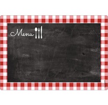 Suport de masă cu suprafață tip tablă și margine în carouri roșii și albe pentru meniuri