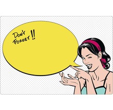 Grafică cu o femeie care arată spre o bulă de text cu inscripția Nu uita