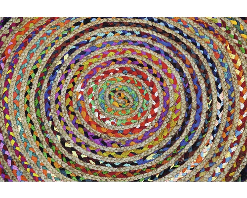 Covor rotund din material natural împletit și resturi de material textil cu model spiralat