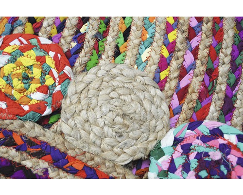 Vizualizare detaliată a unui covor împletit cu suporturi rotunde