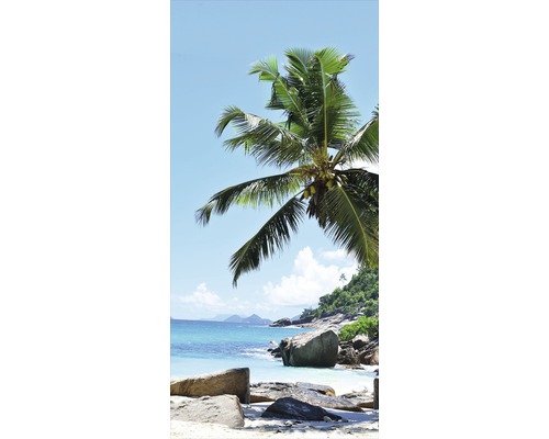 Scenă tropicală de plajă cu stânci, palmieri și cer albastru