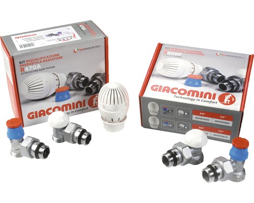Set robineți radiator colțar (tur-retur) Giacomini cu cap termostatic 1/2” Set robinet termostatic pentru radiator Giacomini cu ventile și adaptor