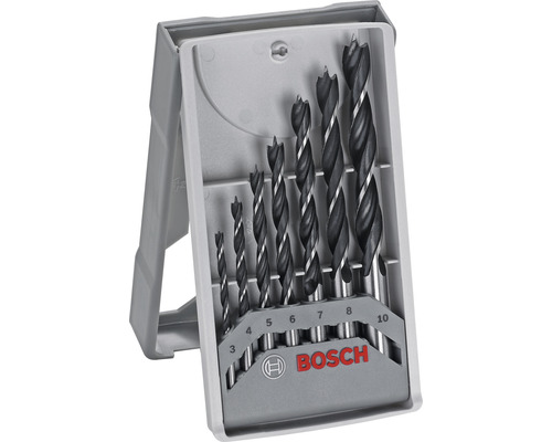 Set de burghie Forstner Bosch cu dimensiuni diferite într-o cutie de plastic deschisă