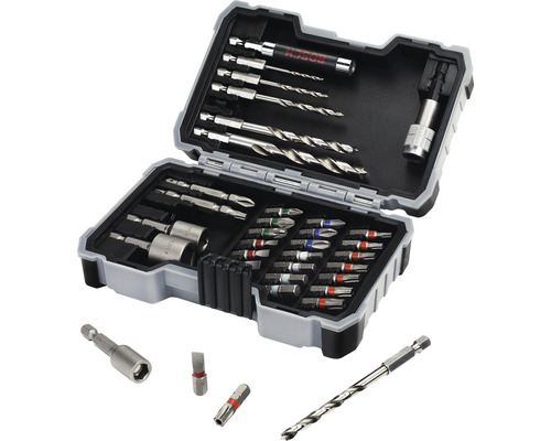 Set de burghie și biți în cutie de scule deschisă
