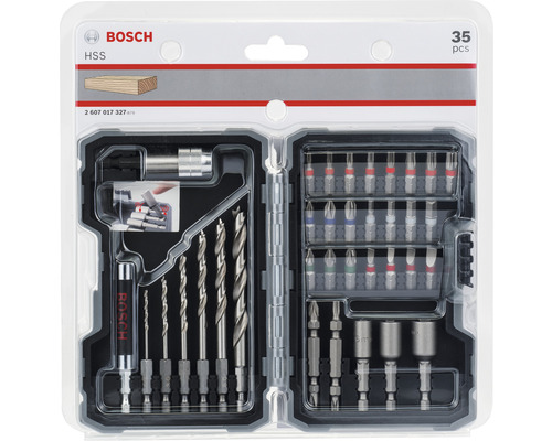 Logo Bosch. Set de 35 de burghie și biți pentru lemn în cutie de plastic.