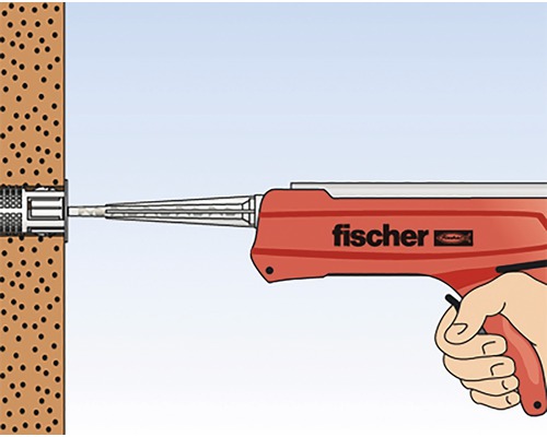 Ilustrație a unei instalații cu mortar de injecție și pistol de extrudare de la Fischer