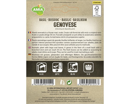 Logo Amia Bio. Informații despre semințele de busuioc Genovese, inclusiv perioada de semănat și perioada de recoltare.