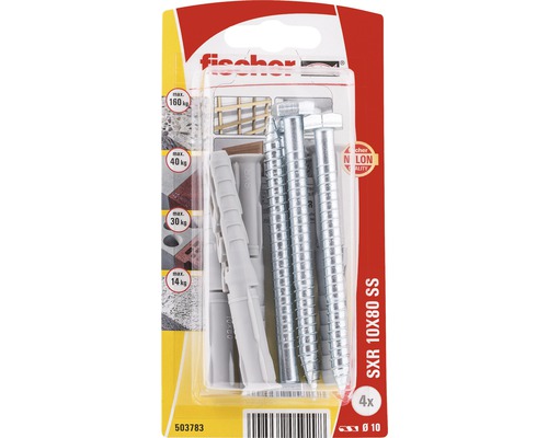 Dibluri plastic cu șurub Fischer SXR 10x80 mm, 4 bucăți, cap hexagonal, pentru rame/tocuri-0